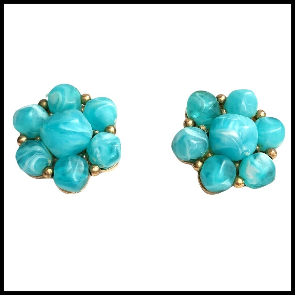 Vintage‎ Kramer Silver Tone Flower Clip on Earrings Floral Turquoise Blue Color
